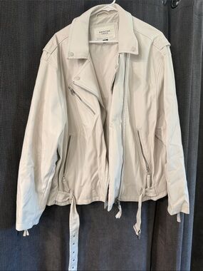 American Eagle Outfitters Cream Asymmetrical Leather Moto Jacket